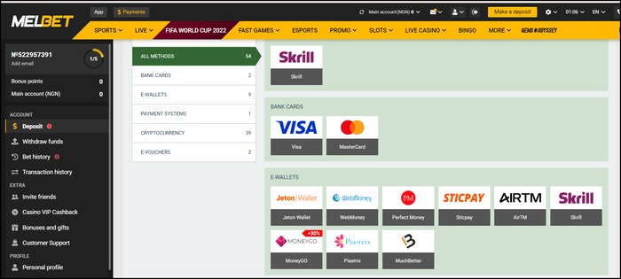 Payment and withdrawal methods at Melbet